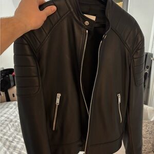 Sandro Black Leather Jacket with Quilted Shoulders